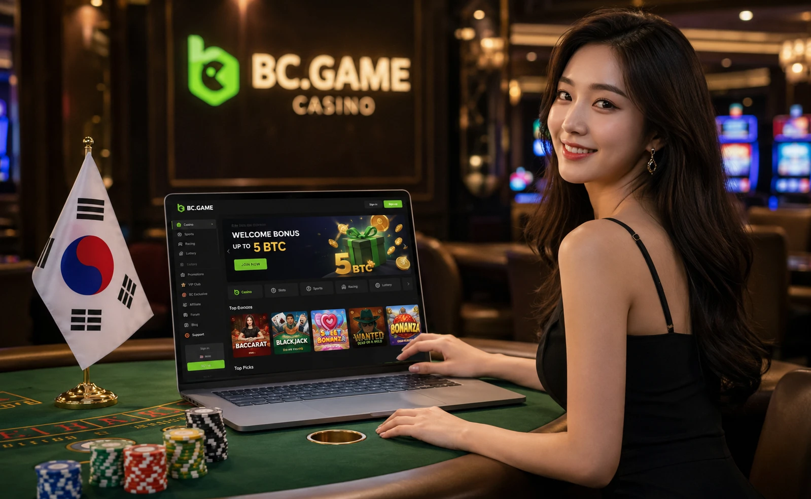 대한민국 국기와 함께 BC Game 온라인 카지노를 이용하는 아름다운 여성